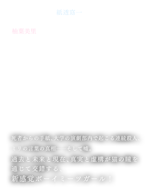 瞳を覗き込むことで過去を読み取り追体験する能力を持つ大学生・紙透窈一。退屈な大学生活の最中、彼は野良猫の瞳を通じて、未来視の能力を持つ少女・柚葉美里と出会う。猫の瞳越しに過去の世界と会話が成立することに驚くのもつかの間、『ミリ』が告げたのは衝撃的な『未来の話』。「これから『よーくん』の周りで連続殺人事件が起きるの。だから『探偵』になって運命を変えて」調査の過程で絆を深める二人。ミリに直接会いたいと願う窈一だったが……「そっちの時間だと、わたしは、もう――」 死者からの手紙、大学の演劇部内で起こる連続殺人、ミリの言葉の真相──そして嘘。過去と未来と現在、真実と虚構が猫の瞳を通じて交錯する、新感覚ボーイミーツガール！