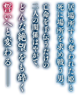 居場所すら奪われた姫と死に場所を求め戦う男。亡命を手伝うだけの二人の関係はやがて、どんな絶望をも砕く誓いへと変わる――